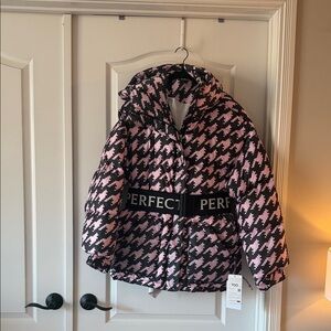 NWT Perfect Moment Pink and Black Houndstooth Belted Puffer Jacket